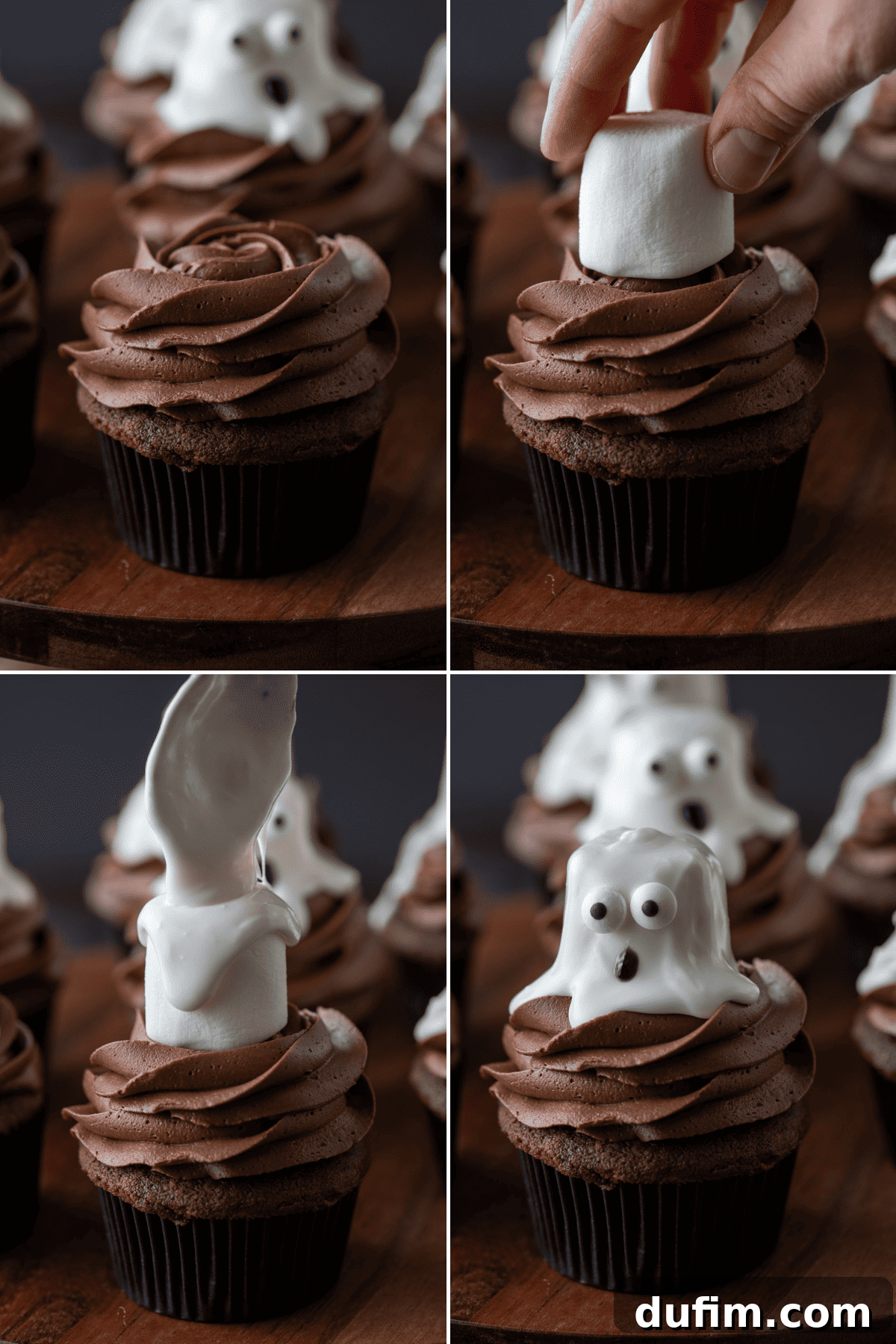 Ghoulishly Good Cupcakes 16 A step-by-step collage showing how to create ghost cupcakes, starting with a chocolate frosted base, then adding a marshmallow covered in runny white icing, and finally attaching mini candy eyeballs for a ghostly face.