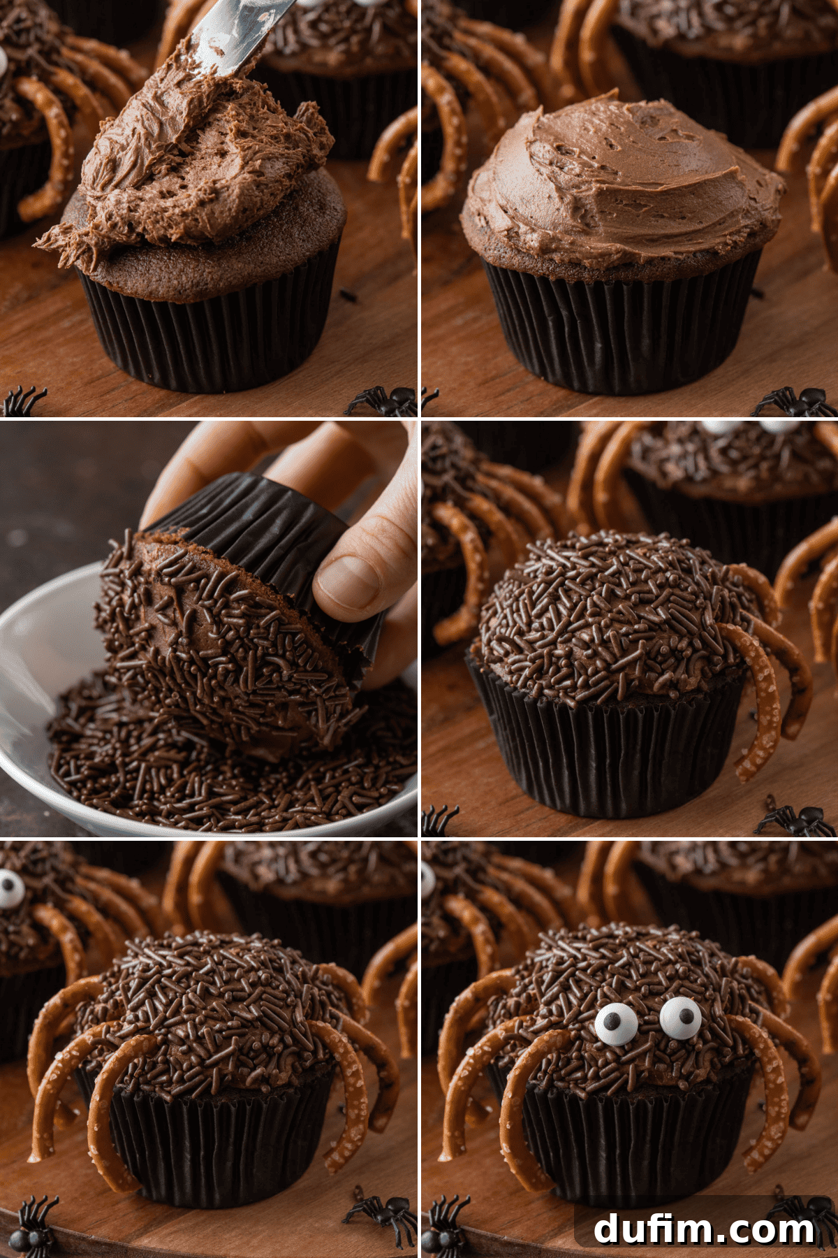 Ghoulishly Good Cupcakes 19 A step-by-step collage showing how to decorate spider cupcakes, including icing a chocolate cupcake, dipping it in brown sprinkles for texture, adding pretzel legs, and finally attaching mini candy eyes.