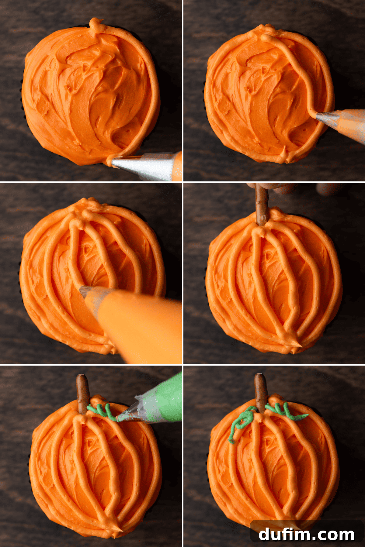 A visual collage illustrating the step-by-step process of decorating a pumpkin patch cupcake, from spreading frosting to adding the pretzel stem and green vines.