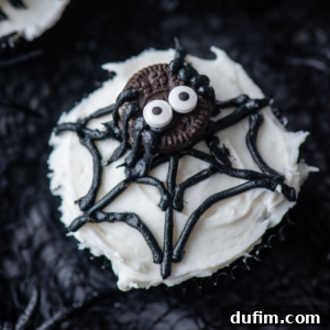 A delicious spider web cupcake with smooth white frosting, a perfectly piped black frosting spider web, and an adorable mini Oreo with mini candy eyeballs on top, ready for Halloween.