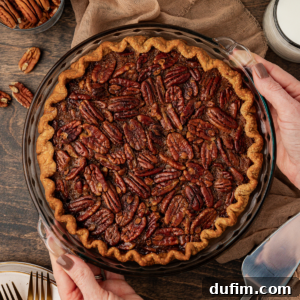 A whole pecan pie in a glass pie dish, beautifully golden-brown, resting on a wood surface. It's surrounded by a tan towel, scattered whole pecans, a serving spatula, clean plates, and forks, creating a inviting spread ready for dessert.