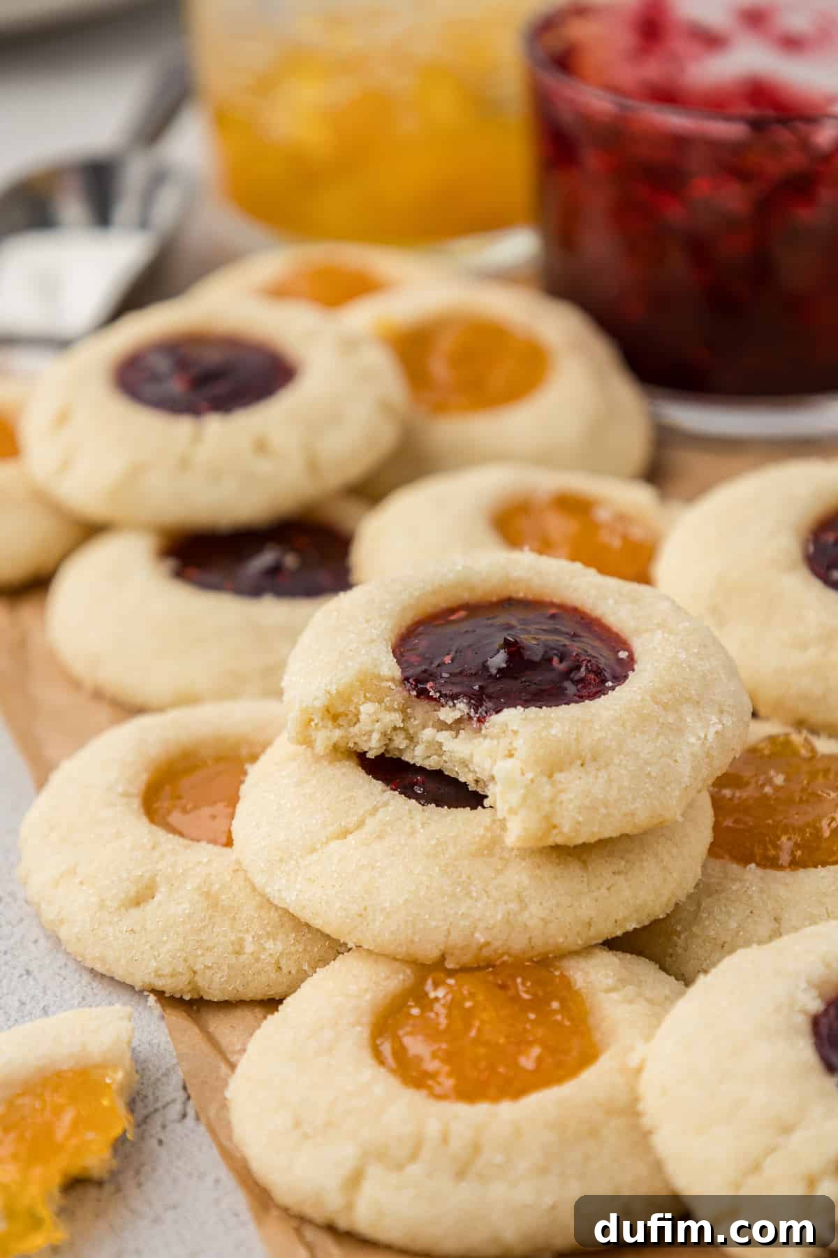 THUMBPRINT COOKIES: A TIMELESS DELIGHT 16 An inviting assortment of raspberry and apricot jam thumbprint cookies is beautifully arranged, with jars of matching jams visible in the soft-focused background, emphasizing the fresh, fruity fillings.