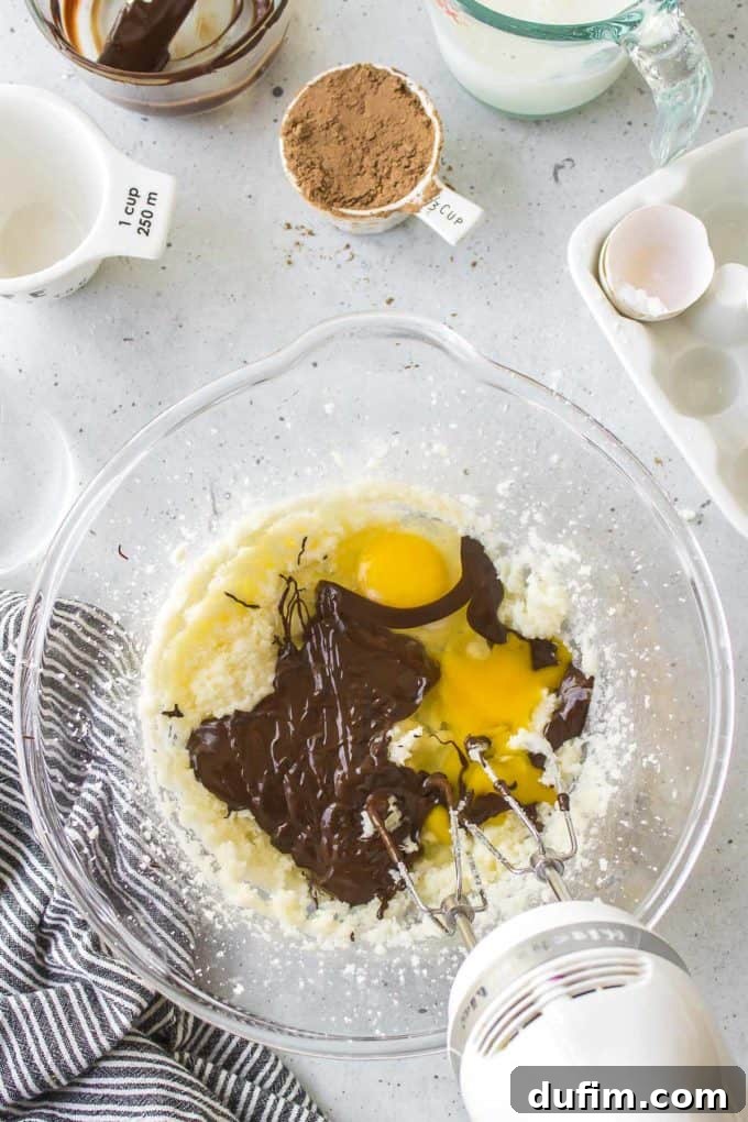 Ingredients for German chocolate cake being mixed in a glass bowl with an electric mixer. Surrounding the bowl are measuring cups with cocoa powder, an egg, melted chocolate, and milk, illustrating the wet ingredient mixing process.