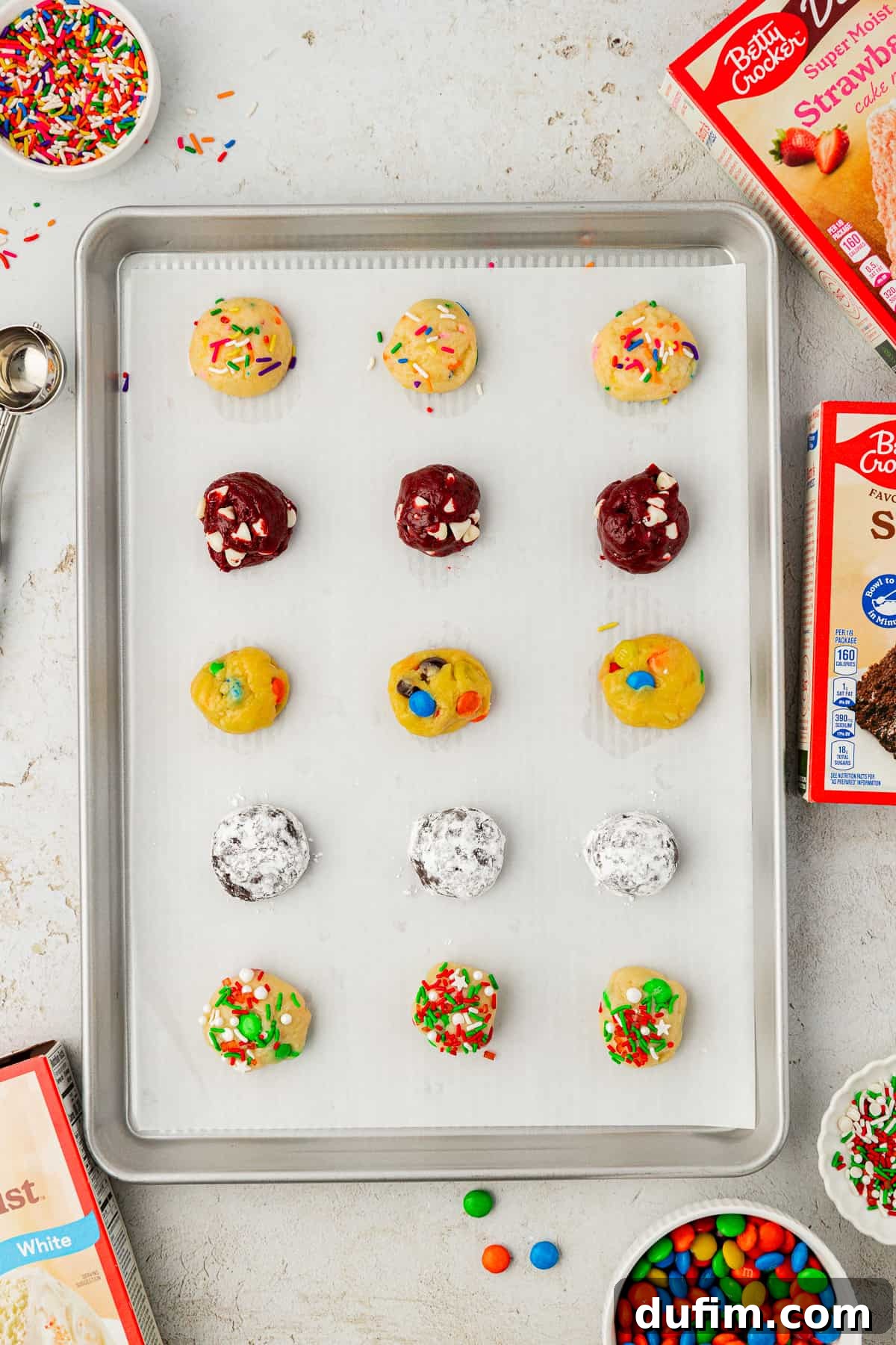 Rows of perfectly portioned cookie dough balls, showcasing an assortment of cake mix flavors, arranged on a parchment-lined baking sheet. Boxes of cake mix, M&M's, and sprinkles are artfully placed around the sheet, ready for baking.