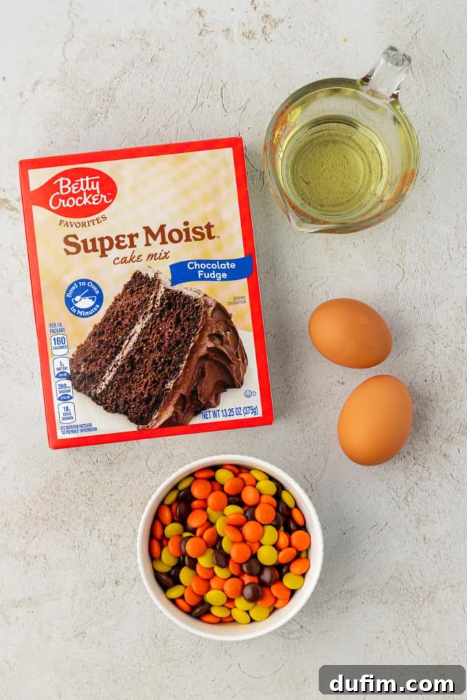Ingredients for irresistible Reese's Pieces cake mix cookies: a box of chocolate cake mix, two fresh eggs, vegetable oil, and a generously filled bowl of vibrant Reese's Pieces candy.