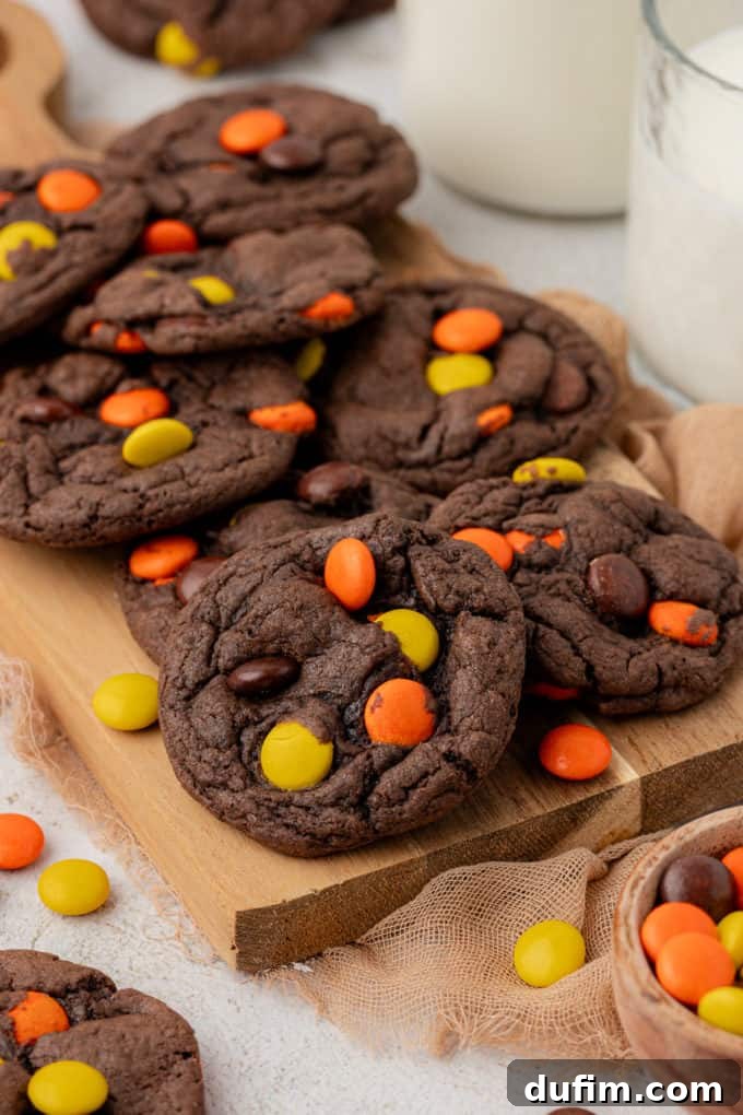 Delicious Reese's Pieces cake mix cookies, freshly baked and arranged on a rustic wooden board, showcasing their vibrant colors and tempting texture.