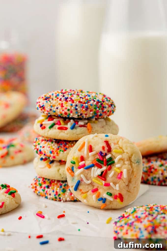 A delightful stack of five Funfetti cake mix cookies, with an additional cookie leaning against the stack, surrounded by more scattered Funfetti cookies, showcasing their colorful appeal.