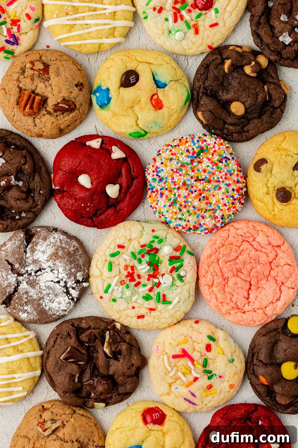 A vibrant display of assorted cake mix cookies, including strawberry, sprinkle, funfetti, rich chocolate, classic red velvet, and irresistible chocolate chip flavors, arranged neatly in rows.