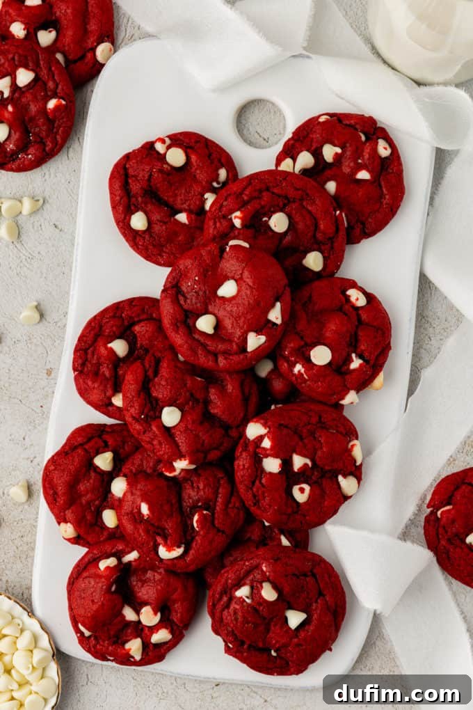 Lush red velvet cake mix cookies artfully arranged on a clean white board, with scattered white chocolate chips adding visual appeal and surrounded by more tempting cookies.