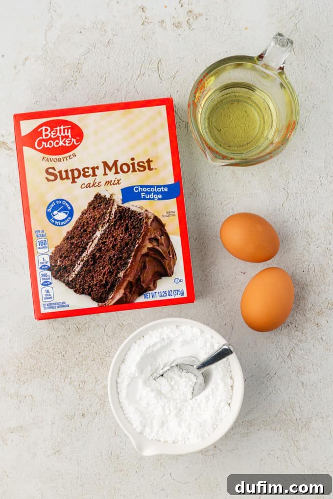 Ingredients for classic chocolate crinkle cake mix cookies: a box of chocolate cake mix, vegetable oil, two fresh eggs, and a small white bowl of powdered sugar for coating.