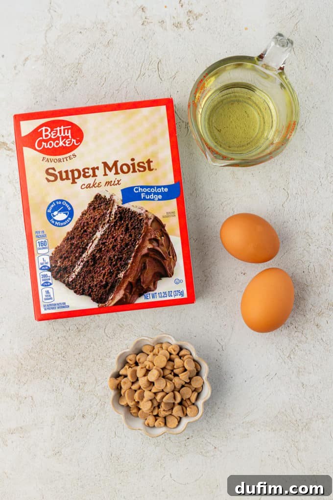 Ingredients for rich chocolate peanut butter cake mix cookies: a box of chocolate cake mix, two fresh eggs, a bowl of creamy peanut butter chips, and golden vegetable oil, laid out for preparation.