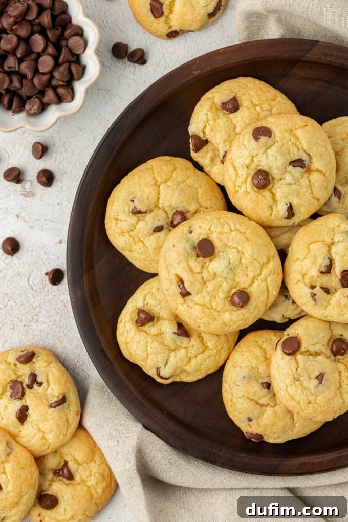 Delicious chocolate chip cake mix cookies served on a brown plate atop a tan linen towel, surrounded by scattered chocolate chips, more cookies, and a small white bowl of extra chocolate chips for visual appeal.