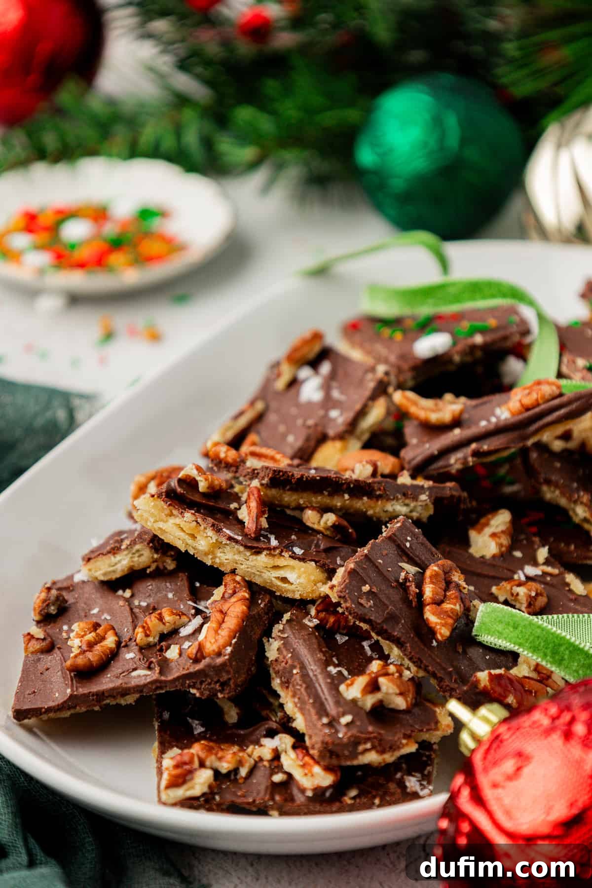 A beautifully arranged white plate filled with Christmas Crack candy, surrounded by green ribbon, festive sprinkles, Christmas ornaments, and pine tree accents.