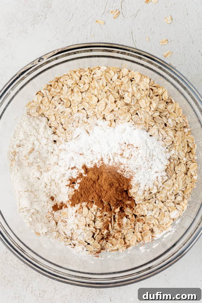 dry ingredients for oatmeal cookies and oats in a clear glass bowl