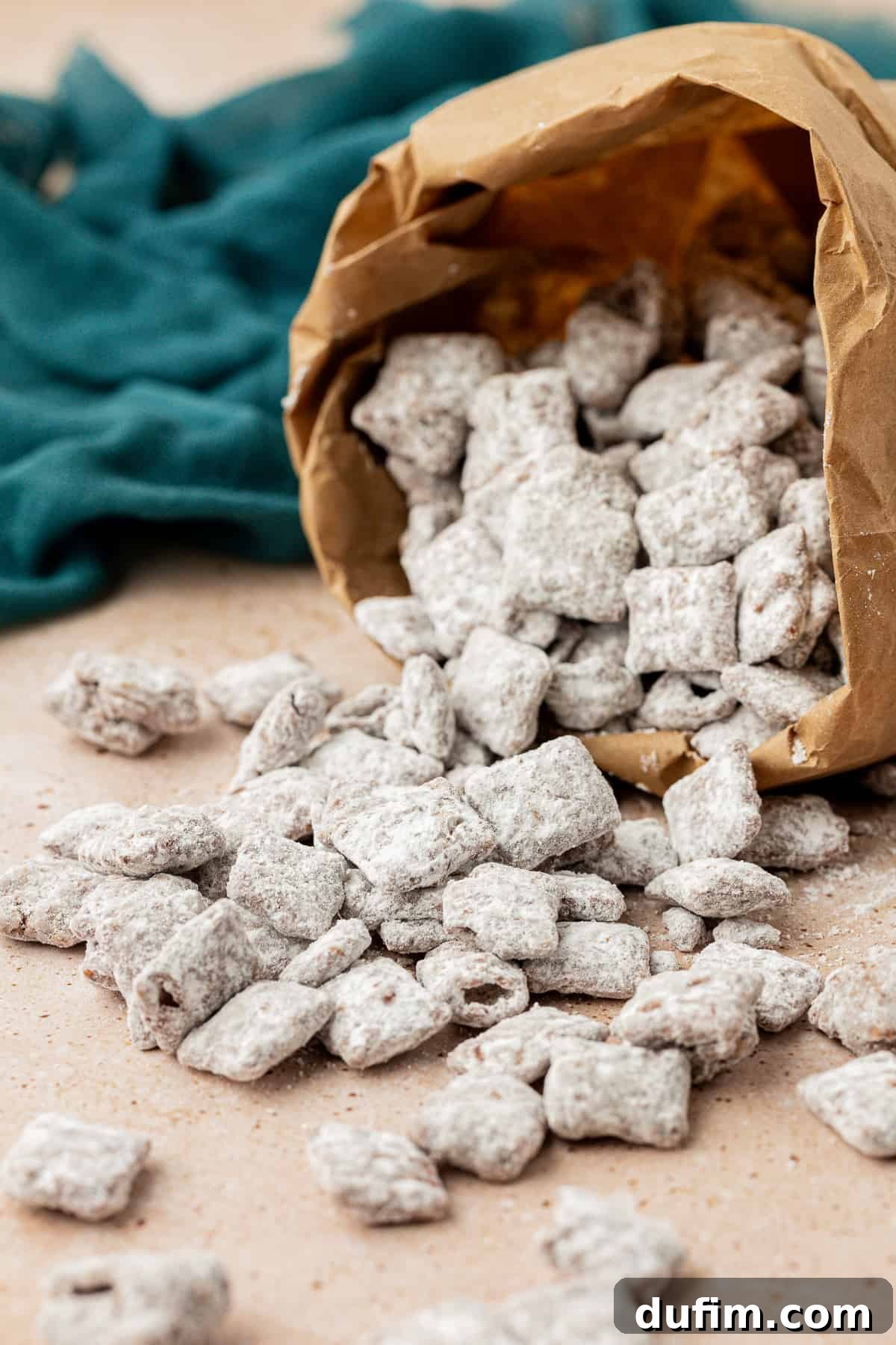 a brown bag of puppy chow laying on its side with puppy chow spilled out onto a countertop surface with a dark teal towel beside it