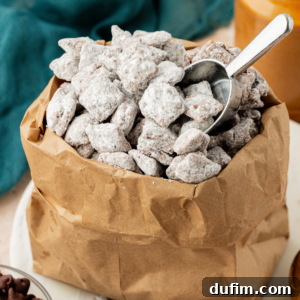 a brown bag full of puppy chow with a silver measuring spoon in it, and a jar of peanut butter and dark teal towel in the background