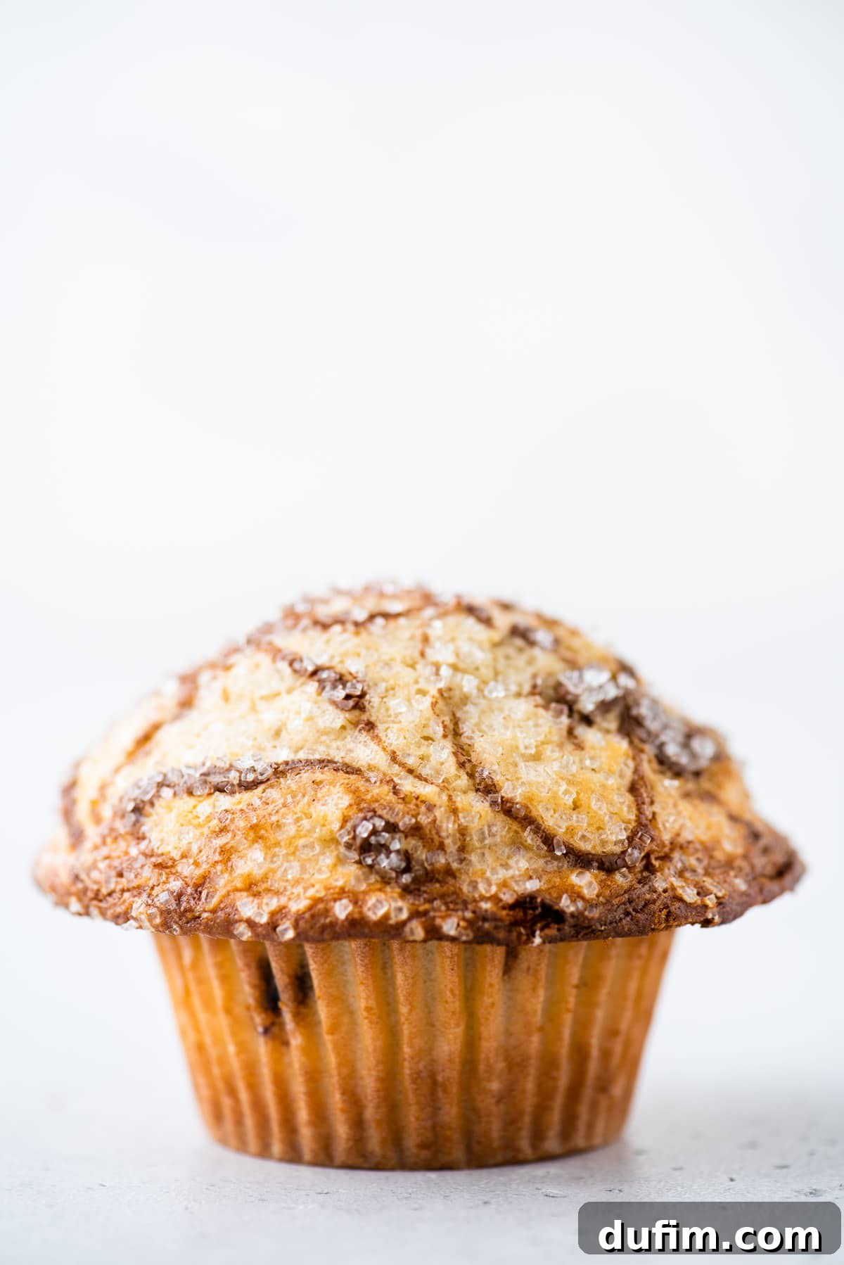 A single Nutella swirl muffin, beautifully domed and topped with a delicate Nutella swirl, rests on a pristine white surface with a clean white background.