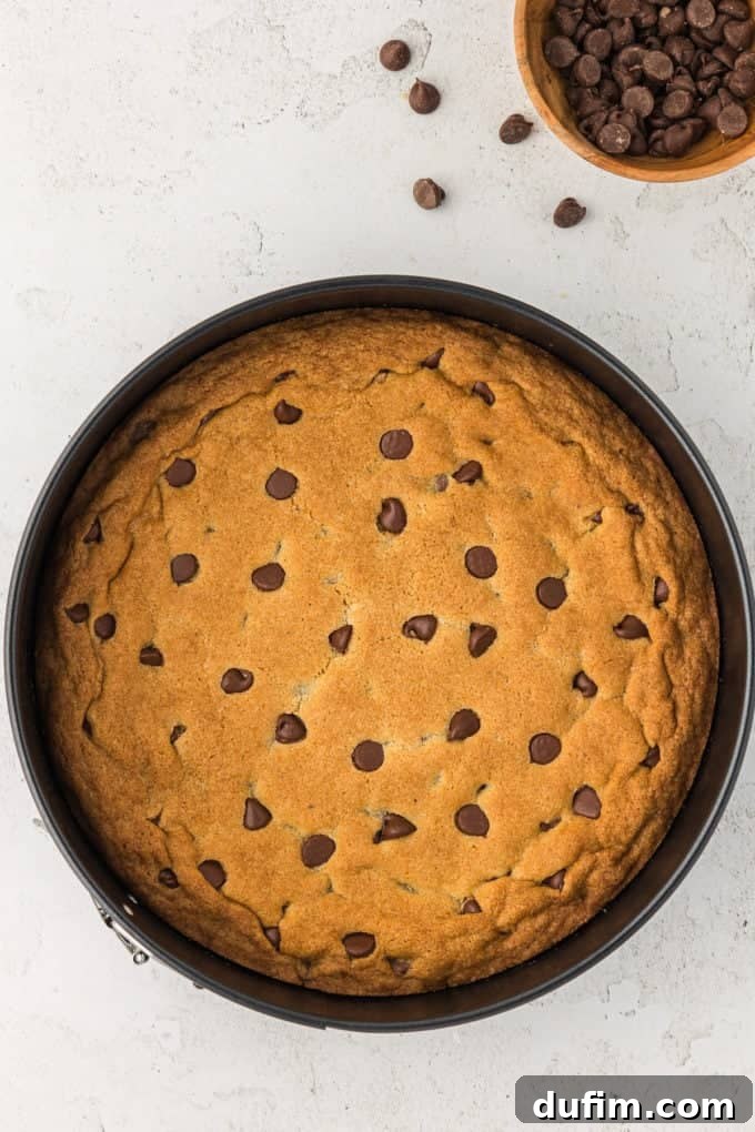 A freshly baked golden-brown cookie cake resting in its round pan, with a bowl of extra chocolate chips beside it, emphasizing its readiness to cool.