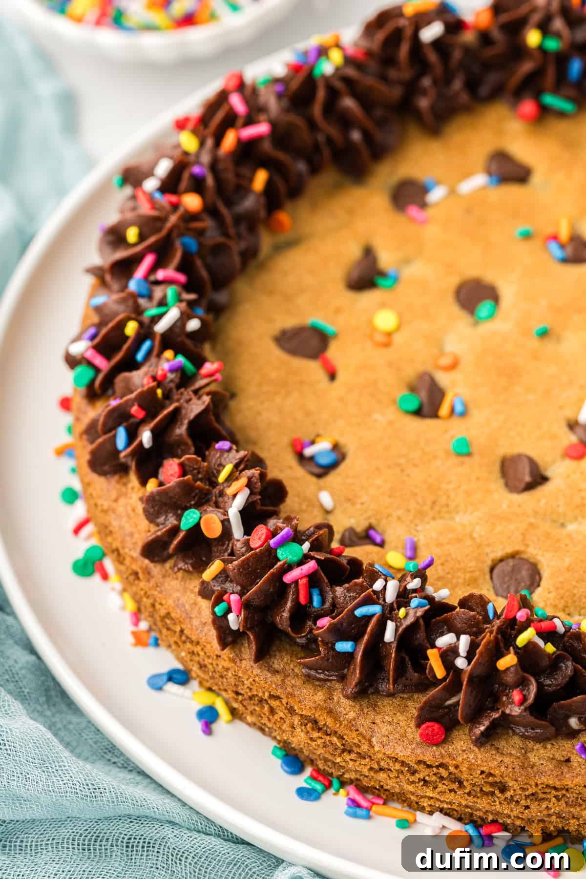 A stunning round homemade chocolate chip cookie cake, generously topped with luscious chocolate frosting and vibrant colored sprinkles, presented on a crisp white plate.
