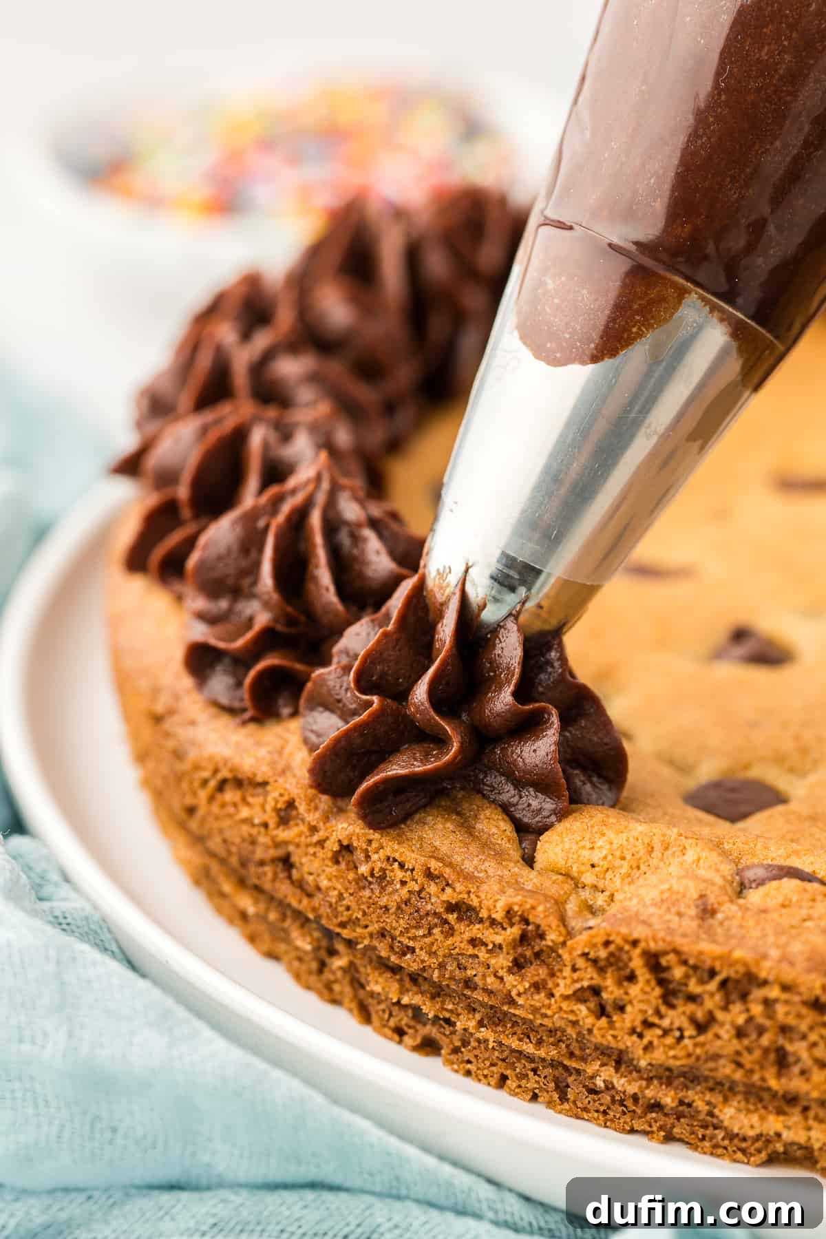 A close-up view of a homemade chocolate chip cookie cake being expertly decorated with smooth chocolate frosting from a piping bag, illustrating the art of presentation.