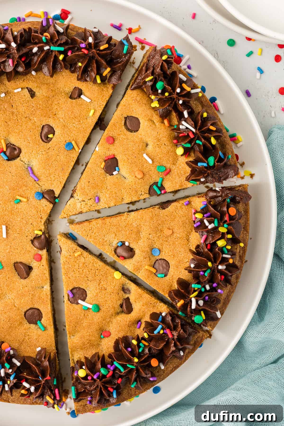 A freshly baked round chocolate chip cookie cake on a pristine white plate, with three perfect slices already cut, all beautifully adorned with piped chocolate frosting and a scattering of colorful sprinkles.