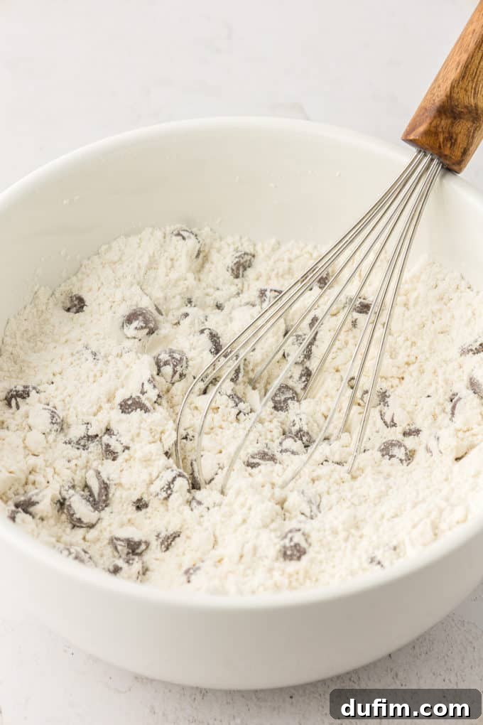 Dry cookie cake ingredients and chocolate chips being gently mixed with a whisk in a white bowl, ensuring even distribution.