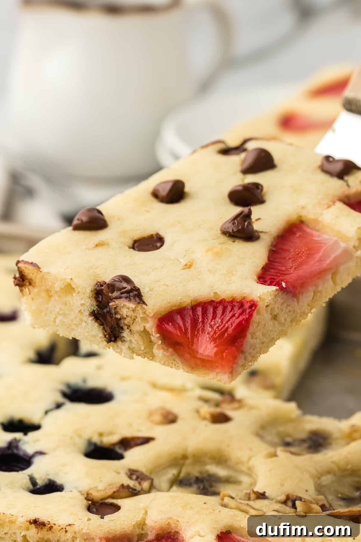 a slice of sheet pan pancakes with chocolate chips and strawberries in it being lifted by a spatula out of the pan of pancakes