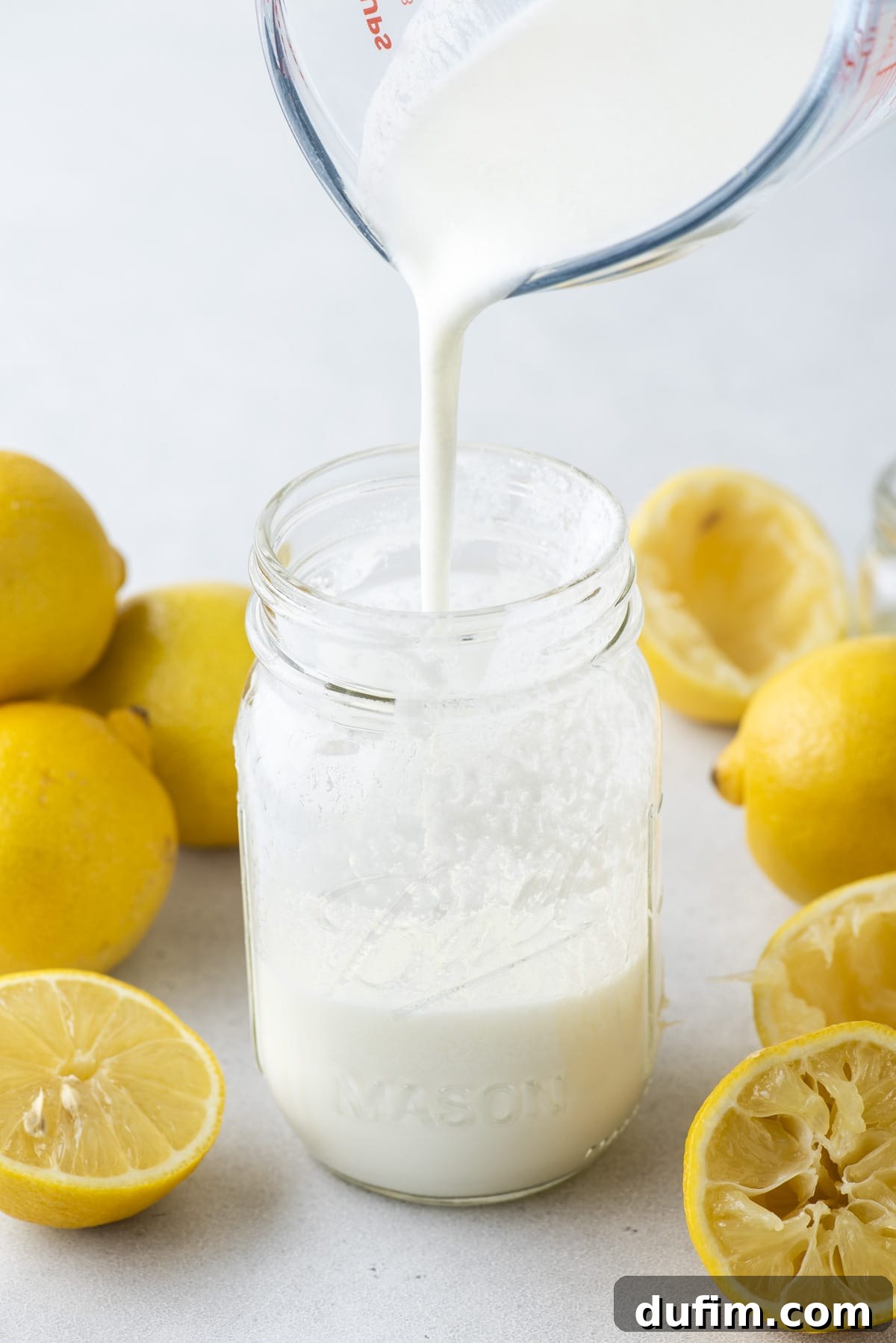 a mason jar with buttermilk from a clear glass measuring cup being poured into the jar and fresh whole and sliced lemons surrounding the jar
