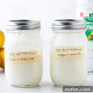 Two mason jars with lids on labeled DIY buttermilk with tape with whole fresh lemons and a bottle of distilled vinegar in the background