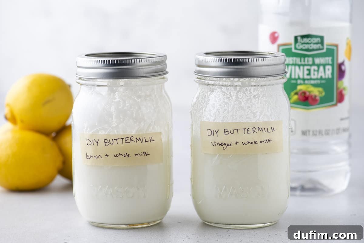 Two mason jars with lids on labeled DIY buttermilk with tape, with whole fresh lemons and a bottle of distilled vinegar in the background