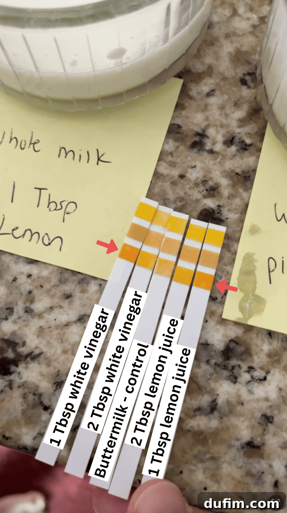 pH testing strips on a counter top beside yellow sticky notes and glass containers of buttermilk, with the strips labeled: "1 tbsp white vinegar", "2 tbsp white vinegar", "buttermilk - control", "2 tbsp lemon juice", "1 tbsp lemon juice"