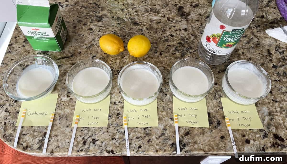 A countertop with the setup for a buttermilk experiment on it, with 5 clear glass containers with different buttermilk mixtures in them, sitting on yellow sticky note labels with pH test strips, and a carton of store-bought buttermilk, two whole lemons and a bottle of distilled vinegar sitting beside them