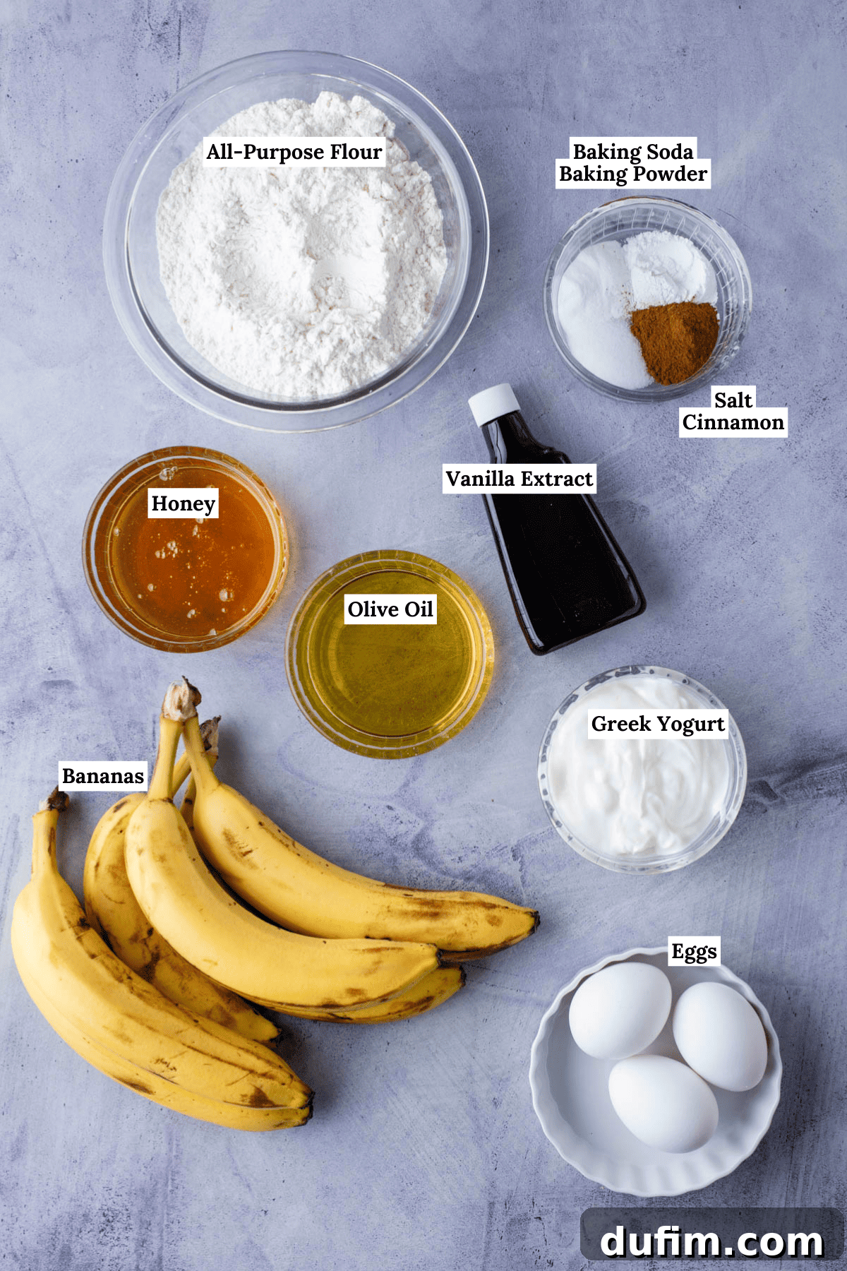 Ingredients for healthy banana muffins arranged beautifully on a purple background, with text overlay indicating a healthy transformation.