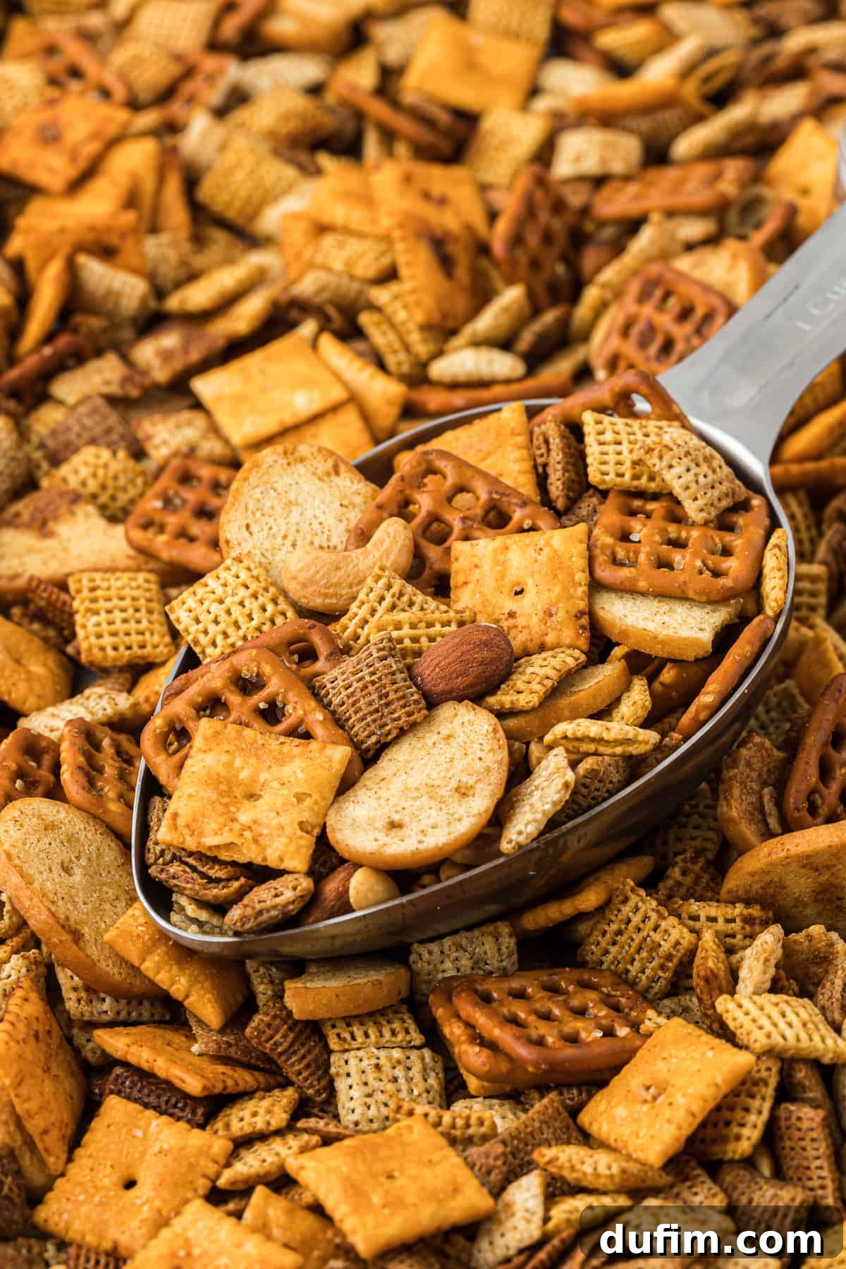 Unlock the Secret to Perfect Chex Mix 11 A large metal scoop overflowing with perfectly baked homemade Chex Mix, resting on a pile of even more Chex Mix, emphasizing the abundance and deliciousness.