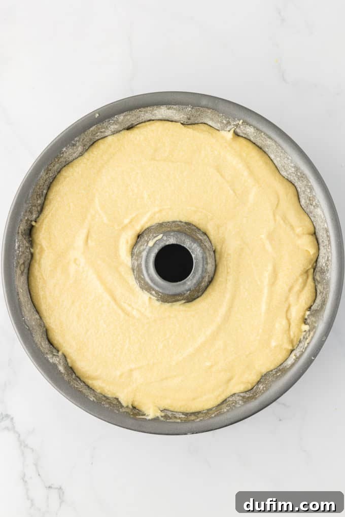 bundt cake batter in a bundt cake pan