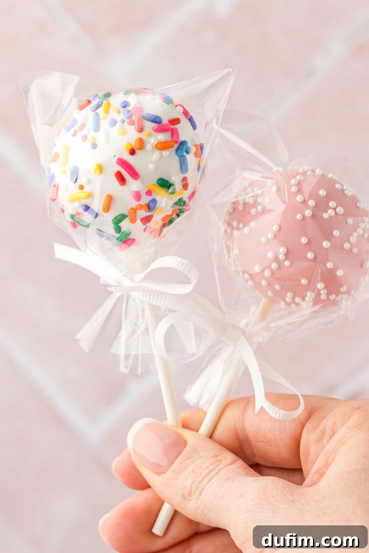 A hand gently holds two beautifully wrapped cake pops, one pristine white adorned with festive rainbow sprinkles and the other a delicate pink with elegant white sprinkles. Each cake pop is individually encased in clear plastic and tied with a dainty white ribbon, presenting them as perfect, ready-to-gift treats or charming party favors.