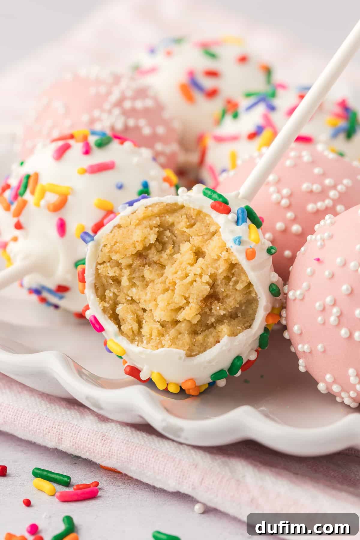 A small, elegant white plate rests on a soft pink towel, showcasing a couple of beautifully crafted cake pops. The front-center cake pop has a tempting bite delightfully taken out, revealing its incredibly moist and rich cake interior, promising a delicious experience.