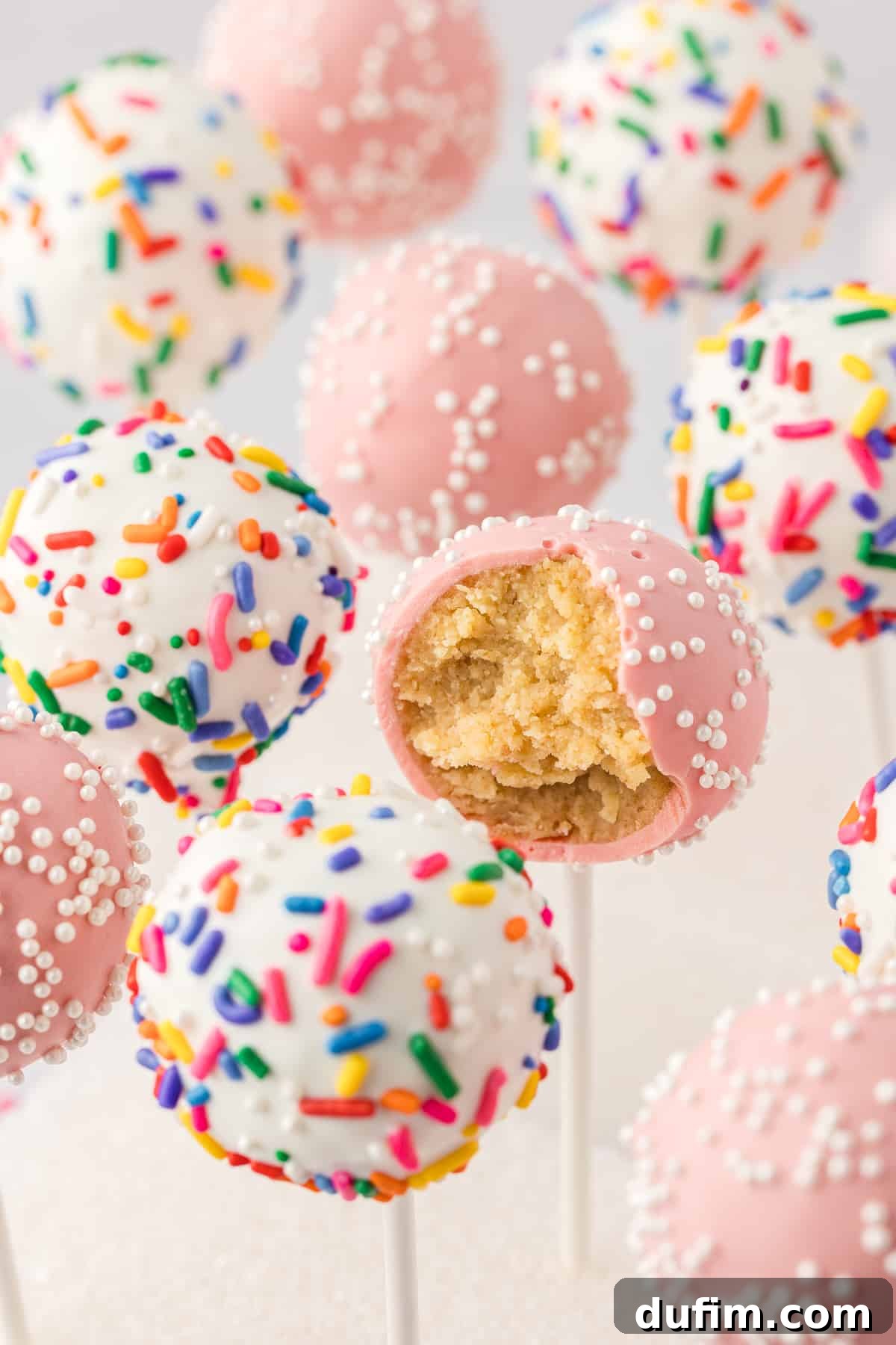 A pristine white styrofoam block firmly holds six beautifully crafted cake pops upright. Three are delicate pink adorned with white sprinkles, while the other three are classic white enhanced with festive rainbow sprinkles. One pink cake pop in the foreground has a charming bite missing, offering a peek at its delicious interior. This arrangement showcases a perfect display of setting cake pops.