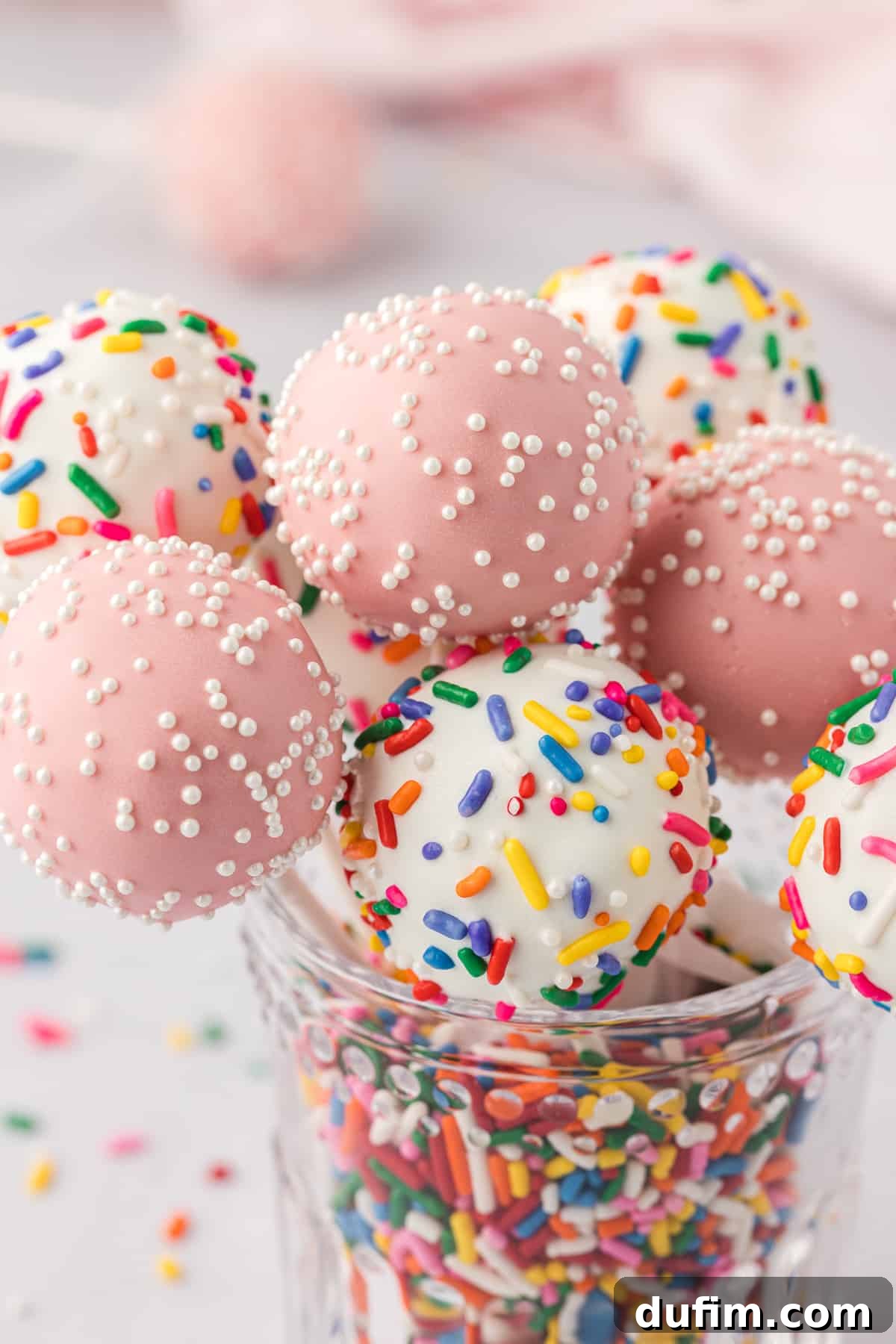 A clear glass jar brimming with an assortment of vibrant rainbow sprinkles, serving as a charming holder for several finished cake pops. Some cake pops are pristine white with rainbow sprinkles, while others are delicate pink adorned with white sprinkles, creating a festive and inviting display.