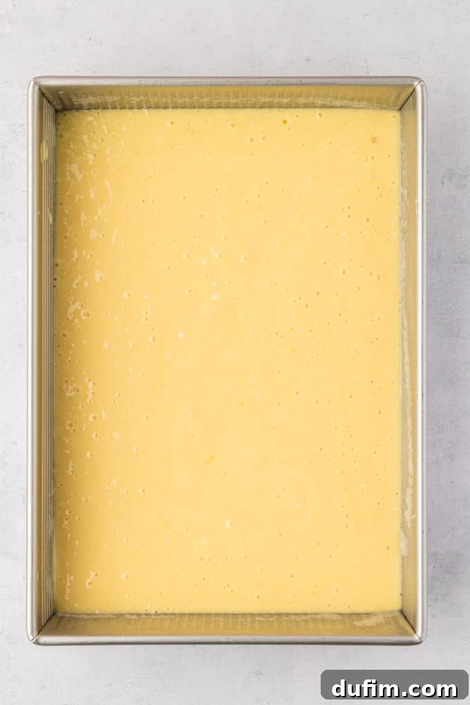 Smooth, uncooked cake batter, perfectly spread and leveled in a rectangular cake pan, poised and ready for baking in the oven.