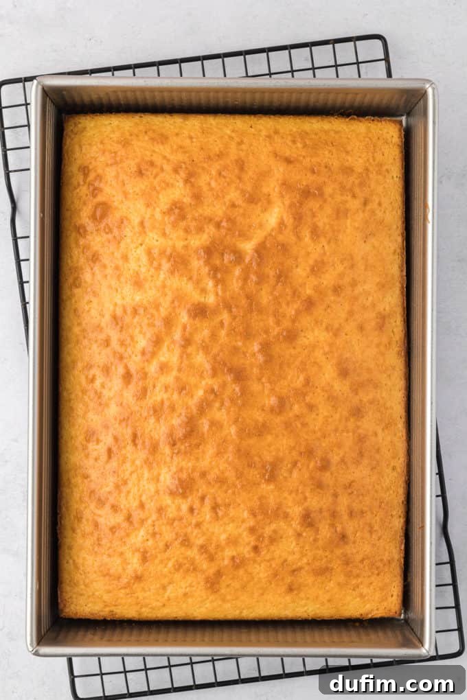 A freshly baked golden-brown cake, warm and inviting, resting perfectly in its rectangular cake pan on top of a wire rack, allowing it to cool evenly after coming out of the oven. This is the crucial stage before crumbling for cake pops.