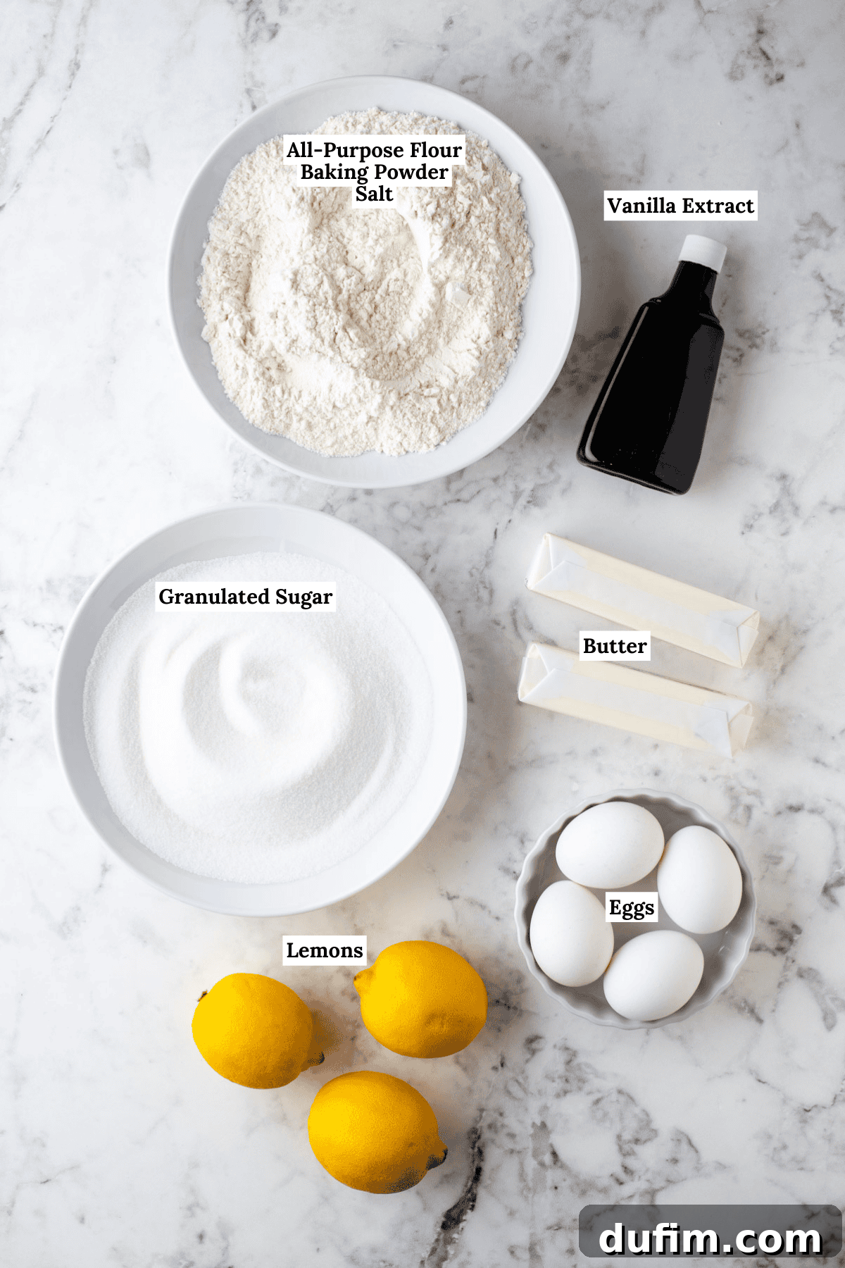 An overhead view of all the fresh ingredients needed for lemon pound cake, including whole lemons, eggs, sticks of butter, granulated sugar, vanilla extract, and a bowl of dry ingredients (flour, baking powder, salt) on a countertop.