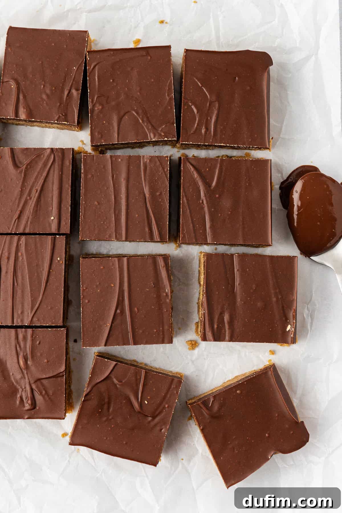 Overhead view of rows of perfectly cut peanut butter bars showing the top layer of chocolate with a spoon full of melted chocolate beside them, ready to be enjoyed.