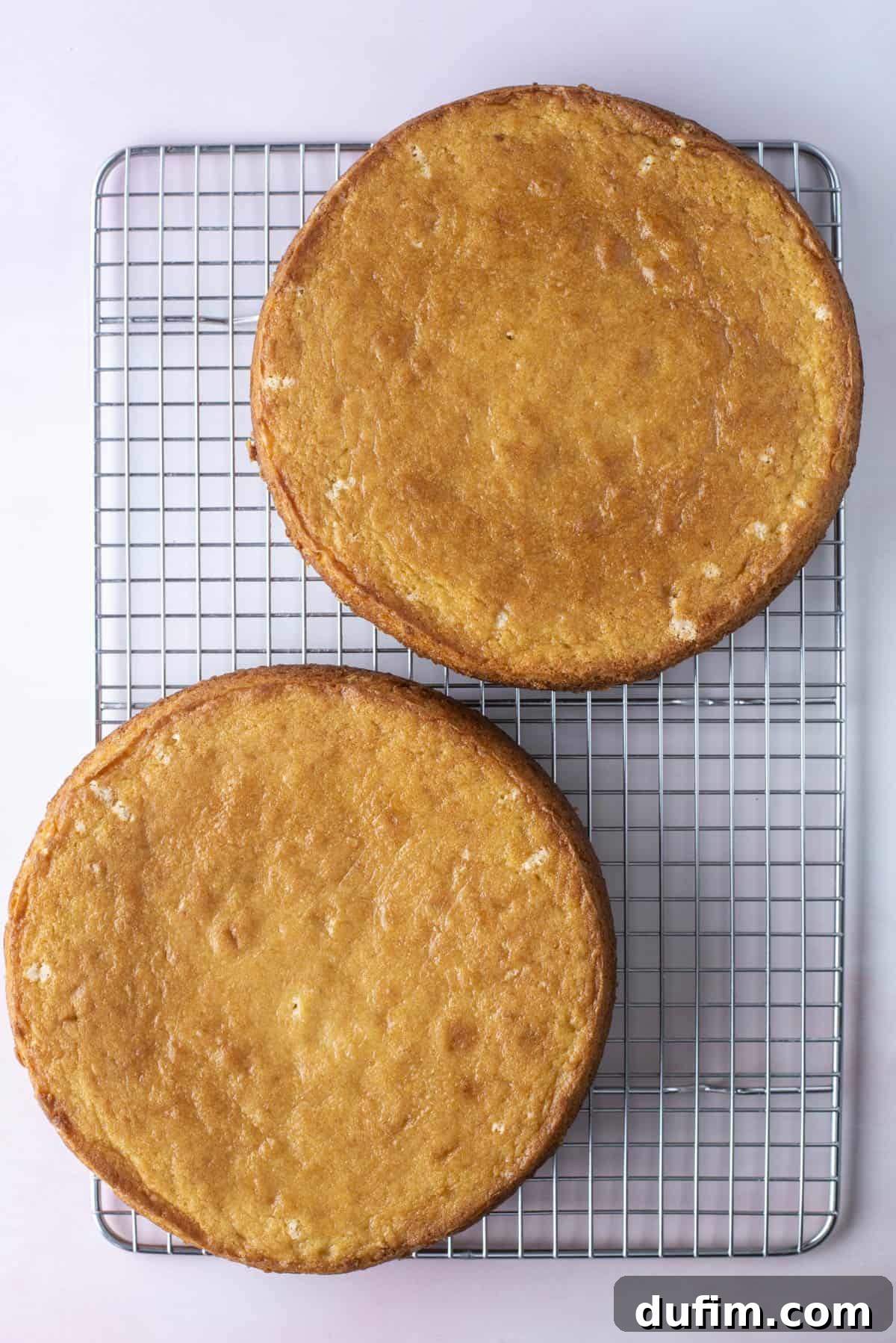 Two beautifully baked, golden-brown round cakes cooling gently on a wire rack, signifying the successful completion of the baking phase.