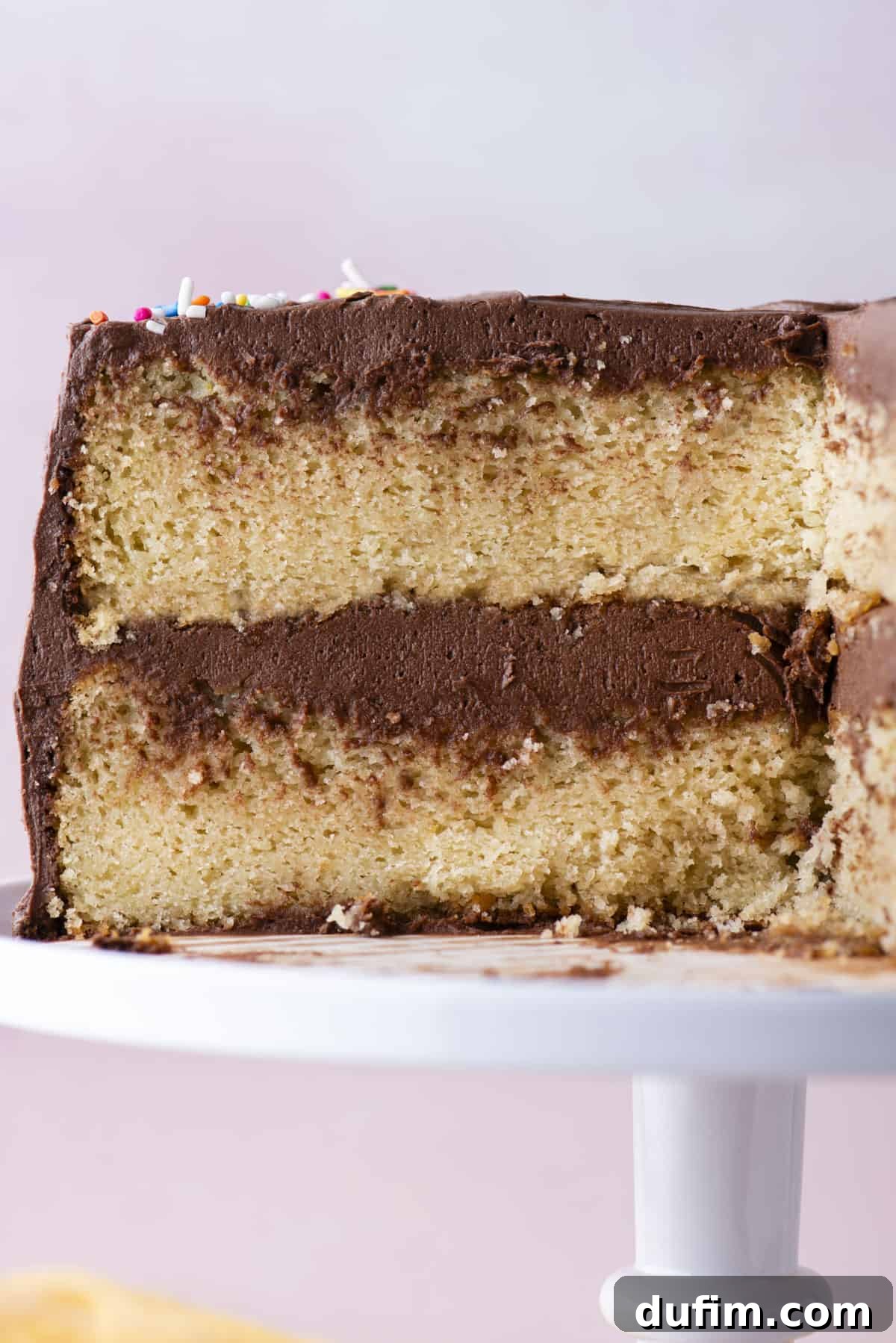 A close-up view of the side of a two-layer gluten-free cake on a cake stand, with a slice already removed. This exposes the beautifully structured layers of golden cake and creamy chocolate frosting within, highlighting the cake's moist texture.