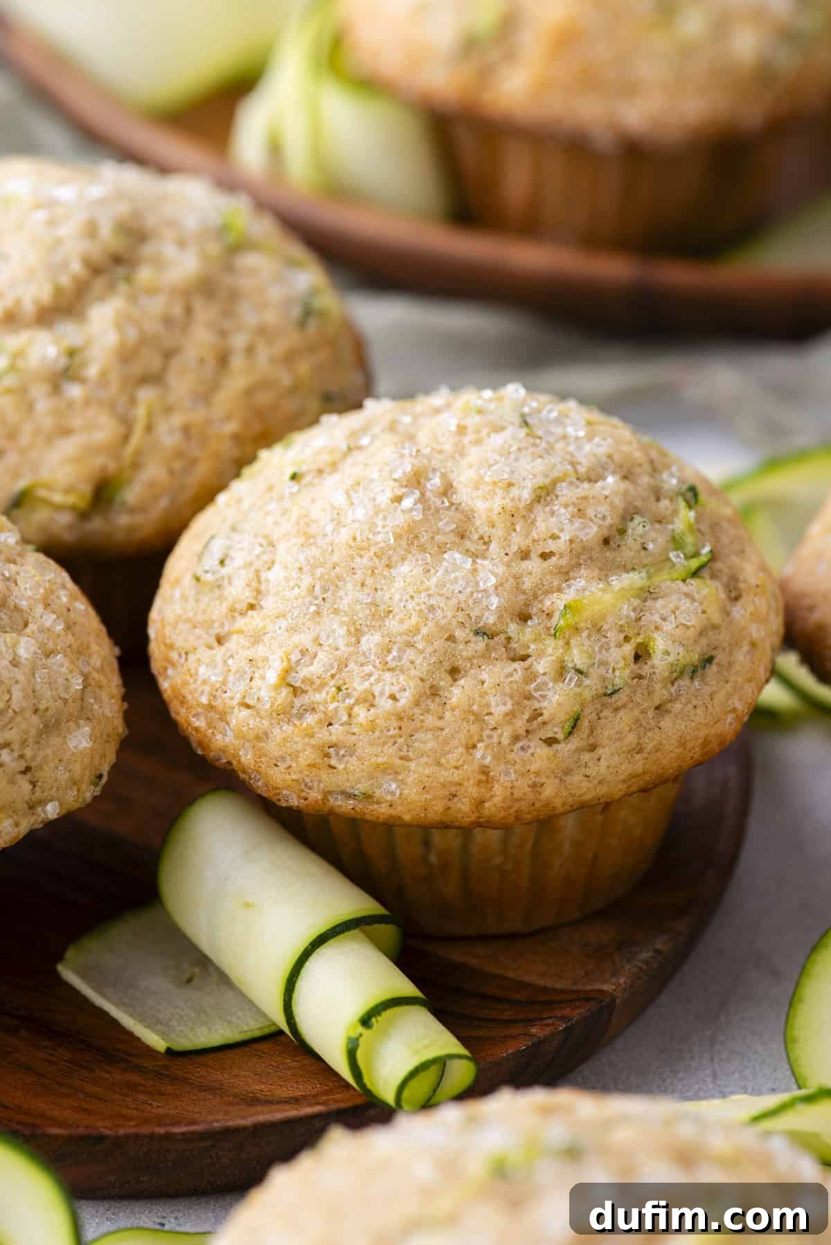 A beautiful arrangement of golden zucchini muffins on a wooden plate, artfully surrounded by more muffins and delicate, thin slices of fresh zucchini.