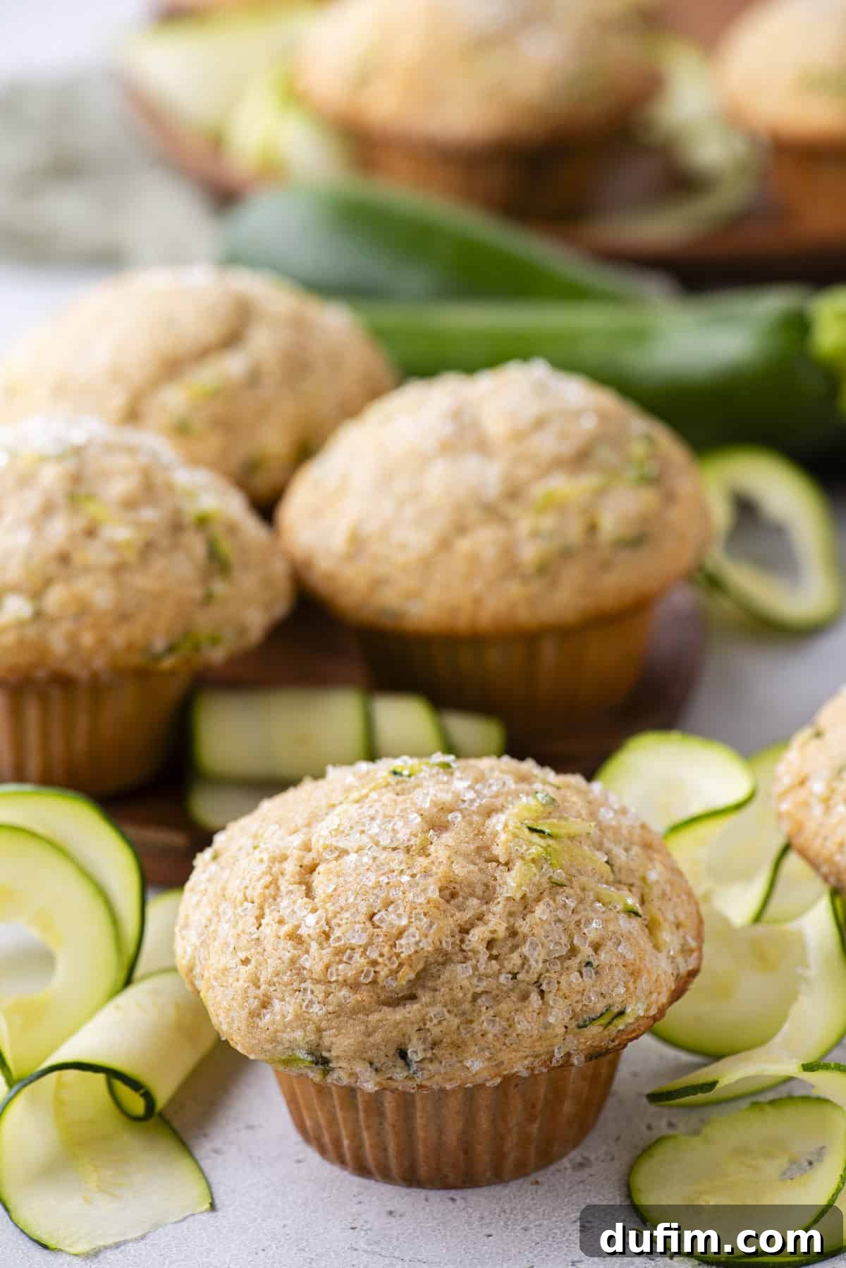 A single perfectly baked zucchini muffin, adorned with delicate zucchini slices, takes center stage on a wooden surface, surrounded by more muffins and fresh, whole zucchinis, emphasizing its freshness and appeal.