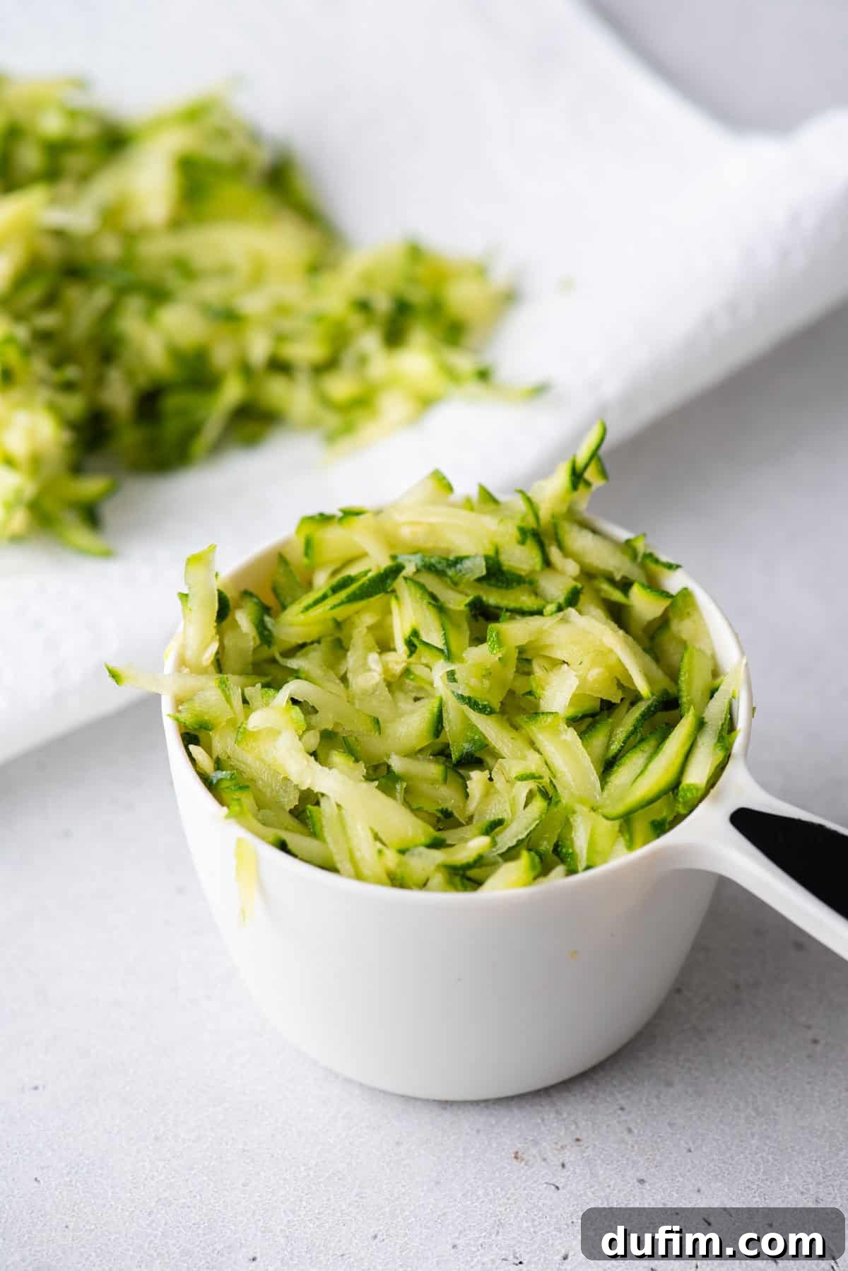 A white measuring cup brimming with finely grated zucchini sits next to a sheet of paper towel, ready to absorb excess moisture from the fresh zucchini.
