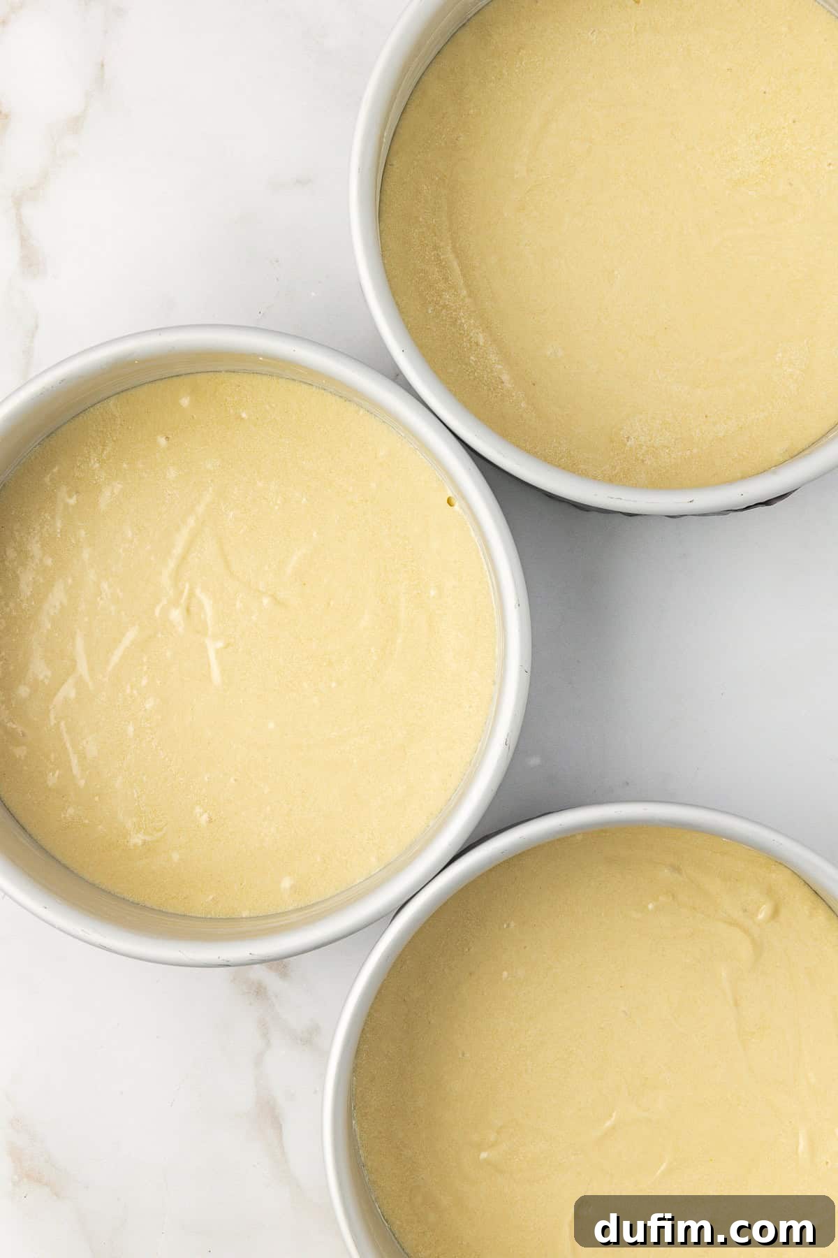 Vanilla cake batter evenly divided into three round cake pans, ready for baking.