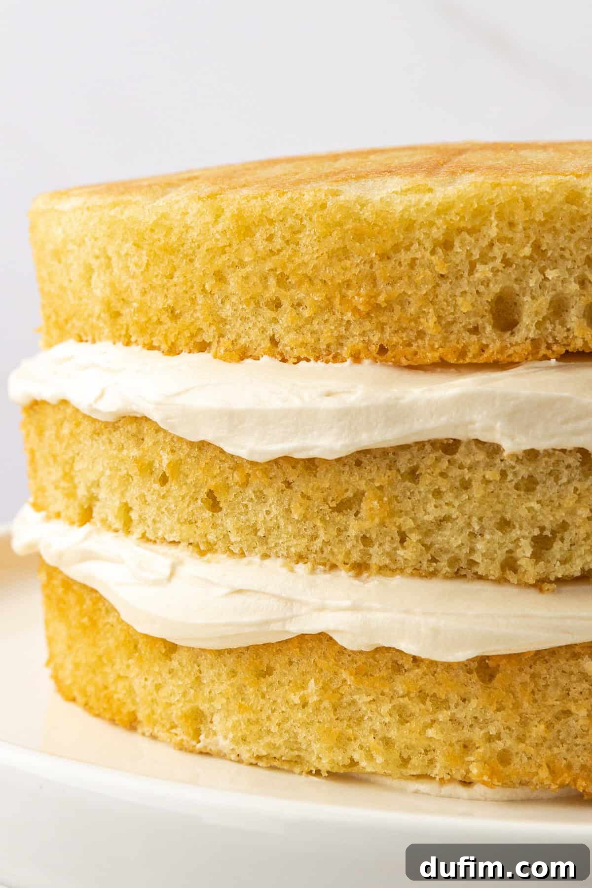 A perfectly stacked three-layer vanilla cake, showcasing its moist layers separated by generous amounts of vanilla frosting.